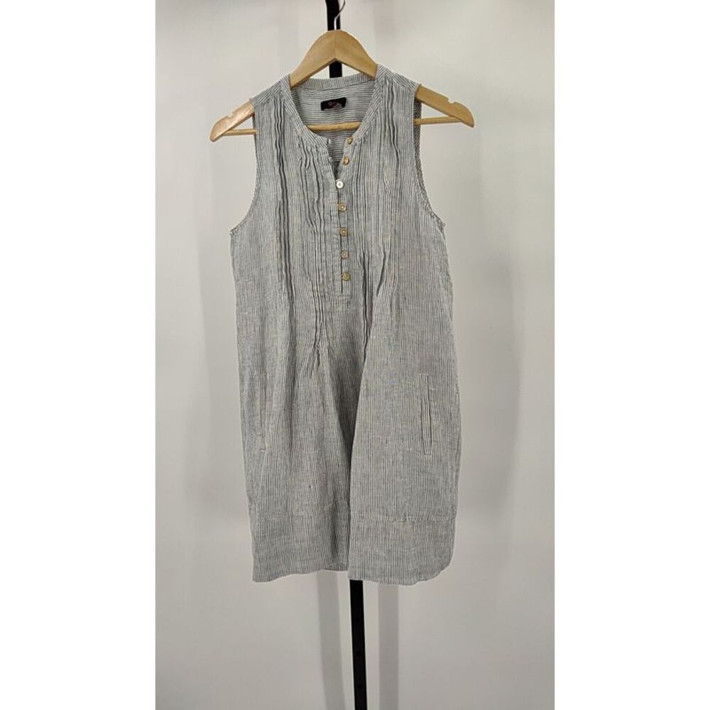 Quince Womens 100% European Linen Sleeveless Swing Dress Blue Pinstripe S